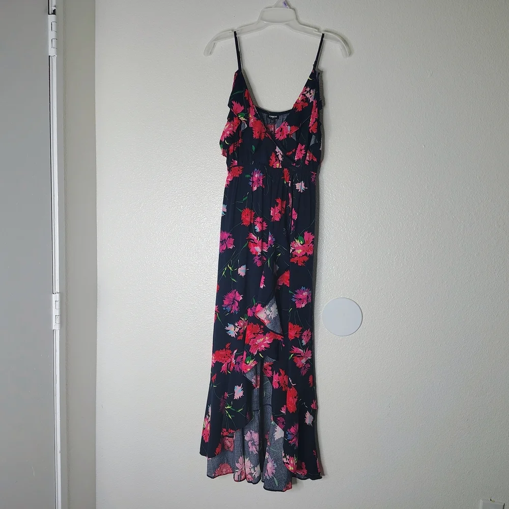 Express Floral Maxi Dress Small Blue Pink Ruffle High Low Wrap Faux Summer Boho - Picture 2 of 16